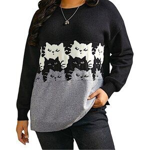 BLOOMCHIC Cat Contrast Drop‎ Shoulder Pullover Sweater NWT